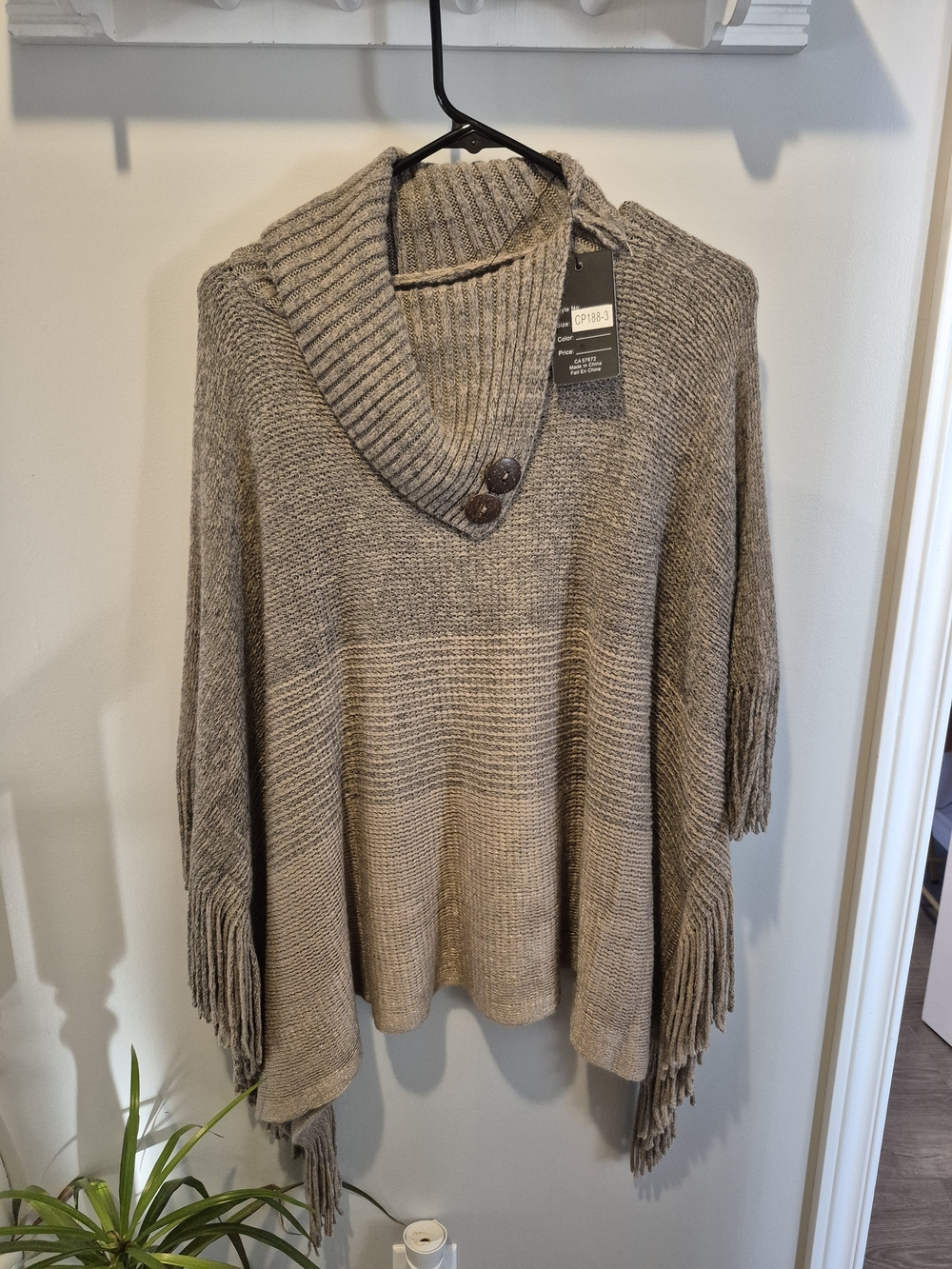 Fringe Hem Shawl Collar Poncho Sweater - Taupe